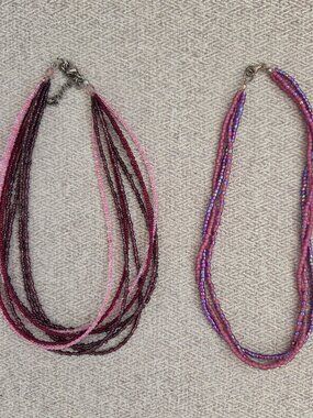 SET OF 2 Beaded Necklace Pink Purple Multi-Strand Short Dress Choker Boho